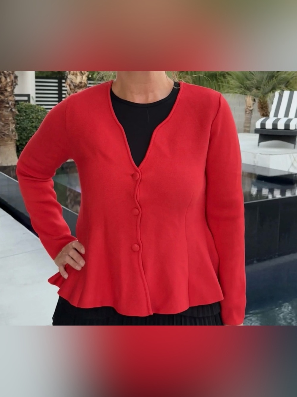 Red Peplum Sweater Jacket Women's Button-Front S-L New